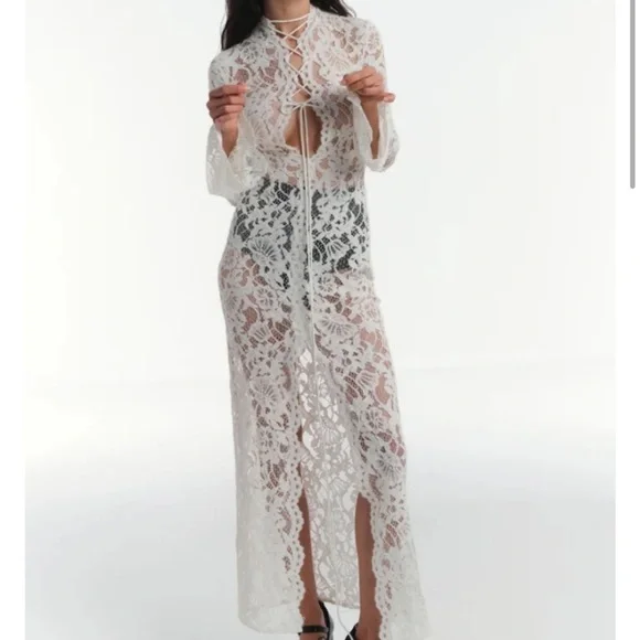 Long Sleeve Lace Maxi white sexy resort risky edgy hot dress bridal bride wife - Picture 4 of 9